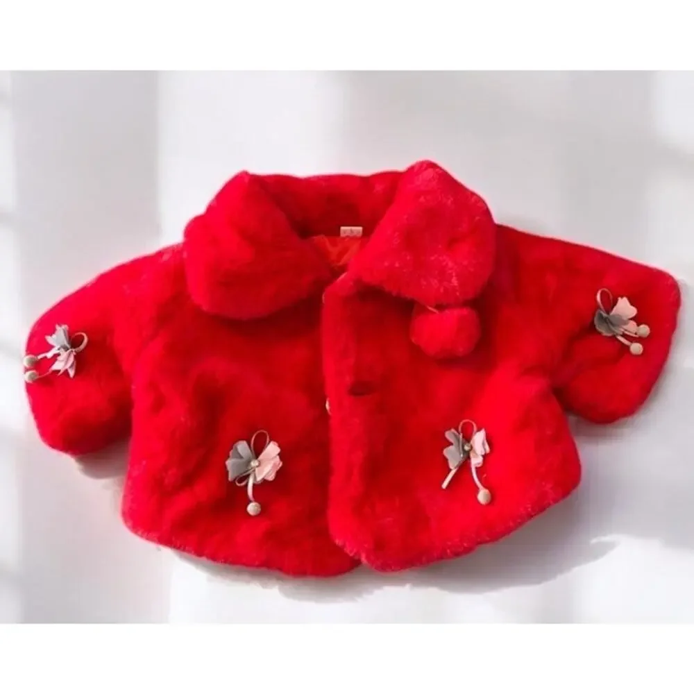 Red Fluffy Jacket Cape Coat Little Girls Pom Poms Flowers No brand Size Large